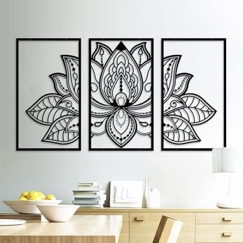 Resama 3 Pcs Lotusblume Wandkunst Dekor Metall Mandala Wanddekoration Einzigartige Lotusblume Wandkunst für Wohnzimmer, Schlafzimmer, Büro und Yoga Raum hängende Dekoration (Schwarz, groß)