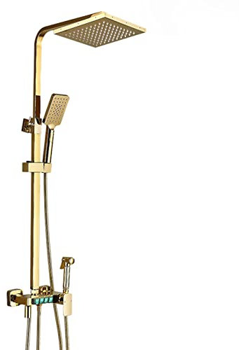 LUNEZY Temperature Digital Shower System Gold, 4 Function Wall Mounted Shower Faucet Set, Shower Head with 3-Modes Hand Shower, Tub Spout, Bidet Sprayer