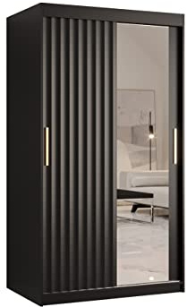 Mirjan24 Kleiderschrank Kirtan Wave II, Schwebetürenschrank mit 2 Kleiderstangen und Spiegel, Schiebetürenschrank, Garderobeschrank, Schlafzimmerschrank (Modell 100, Schwarz/Schwarz)