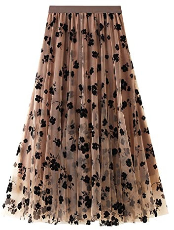 ODIZLI Tüllrock Damen Lang Rock Elegant Vintage Blume Stickerei Elastisch High Waist A Linie Swing Midi Sommer Faltenrock Plisseerock Winterrock Maxirock Frauen Festlich Fee Tutu Röcke Khaki-1 L