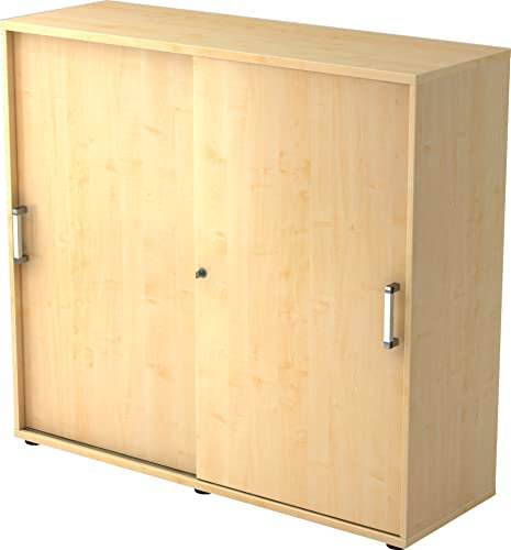 bümö Schiebetürenschrank 3OH - Aktenschrank abschließbar, Sideboard Schrank mit Schiebetüren in Ahorn, Chromgriff - Büroschrank aus Holz mit Schiebetür, Büro Kommode für Ordner & Co.
