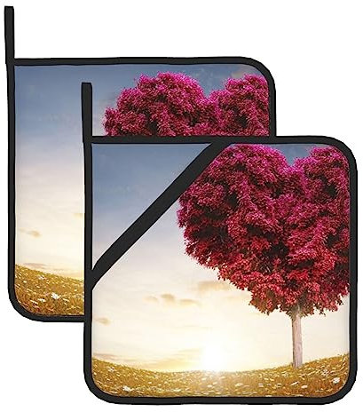 Albero a forma di cuore in rosso stampato presine con tasche e presine antiscivolo resistenti al calore per forno caldo pad per cucinare da 20 cm 2 pezzi