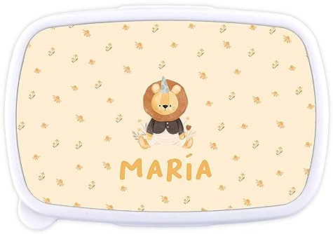 LolaPix Caja merienda infantil y bebe. Fiambrera infantil. Regalos personalizados. Apta para microondas y libre de BPA, filatos y metales pesados. Leon flores