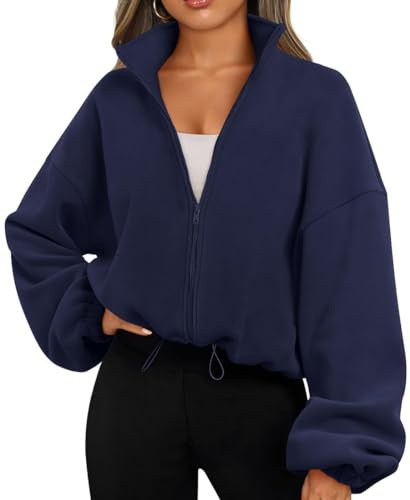 EUDOLAH Felpa Cappotto Sportivo in Pile Rocker con Collo Alto e Zip Imbottita Donna Uomo Unisex Blu Navy,2XL