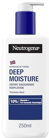 Neutrogena Deep Moisture Bodylotion mit Mandelöl, sofort einziehende Körperlotion für 72h intensive Feuchtigkeit, nicht fettende Hautpflege Lotion mit Pro-Ceramide Technologie für trockene Haut 250 ml