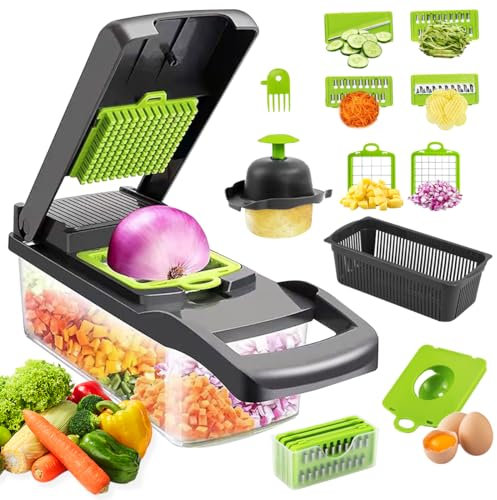 16 in 1 Gemüseschneider Manuell Set, Vegetable Chopper Cutter Slicer, mit 7 Auswechselbaren Klingen, Würfelschneider, für Kartoffeln, Karotten, Zwiebeln Küchengeräte