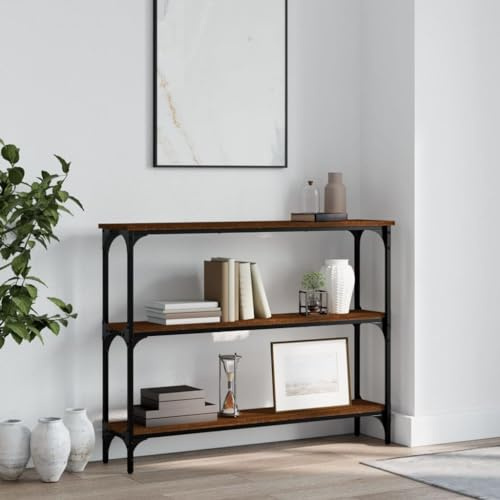 FENLAX Konsolentisch mit Ablagen 100x22,5x75 cm Ausstellungstisch Wohnzimmermöbel Konsolentisch schmal Eingangsbereich Flurtisch mit Ablagen Akzenttisch Holzwerkstoff&Metall Braun Eichen-Optik