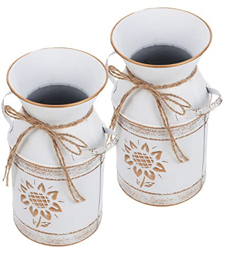 HOMOCONO 2pcs Rustic Milk Can Vase Vintage Flower Jug for Home Decor Farmhouse Style Finish for Fresh Dried Flowers Decorative Planter for Living Room Wedding and Garden