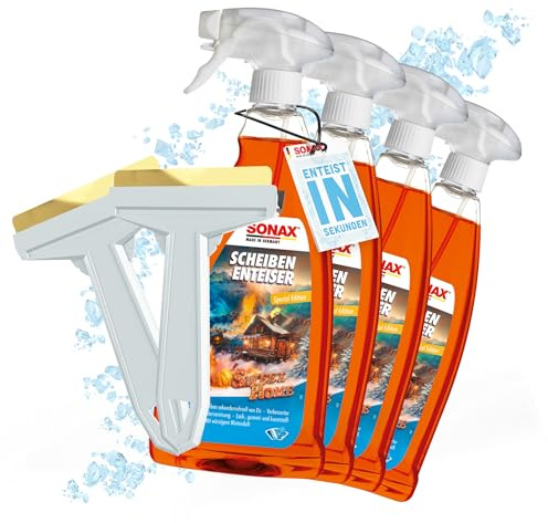 autopflege Auto Scheibenenteiser Set | 4X Sonax Scheiben Enteiser Spray Sweet Home 1 Liter für Autoscheiben + 2X Murska Eiskratzer mit Messingklinge | Enteiserspray für klare Sicht