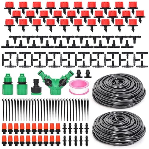 HOINCO 131FT Drip Irrigation System Kit, 149 Pcs Automatic Irrigation Kit System Patio Misting Plant Watering System with 1/4 Inch Distribution Tubing Hose.