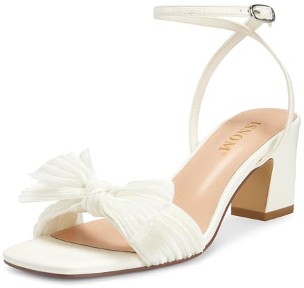 ISNOM Women's Bow Knot Heeled Sandals Ankle Buckle Strap Open Toe Block Chunky Heel Bride Wedding Party Fashion Heels (White Size9)