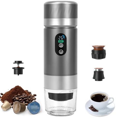 Bostar Máquina de Café Portátil, 3 en 1 Eléctrica Portátil Expreso Recargable Cafetera Espresso Pantalla Digital Temperatura para Cápsulas Pequeñas o Grandes y Café Molido para Oficina Viaje Camping