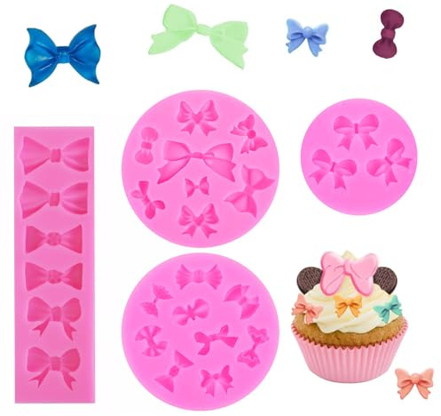 4 Piezas Molde de Lazo, Molde de Fondant de Silicona en Lazo, Moldes de Silicona con Lazos, Diseño de Arco de Azúcar, para Fondant, Chocolate, Caramelos, Decoración de Pasteles (Rosa)
