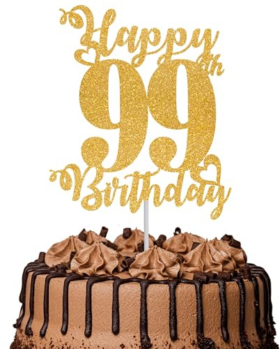 1Pc Happy 99th Birthday Cake Topper Glitter Cheers to 99 Years Cake Topper 99 Fabulous Cake Decoration for Happy 99th Birthday Anniversary Party Cake Decorations Supplies Gold
