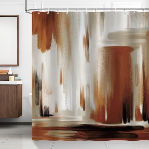 Bonhause Duschvorhang Abstrakte Kunst Modern Minimalistische Braun Pinselstrich Duschvorhänge 180 x 180 cm Anti-Schimmel Wasserdicht Polyester Stoff Waschbar Bad Vorhäng für Badzimmer mit 12 Haken