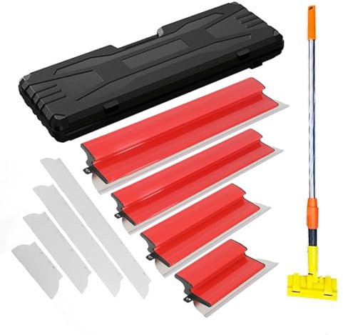 Juego de espátulas de superficie, 11 espátulas (4 herramientas y 4 hojas de acero inoxidable intercambiables, barra telescópica de 1,2 m y caja de transporte), mango ergonómico, para enyesar paredes y
