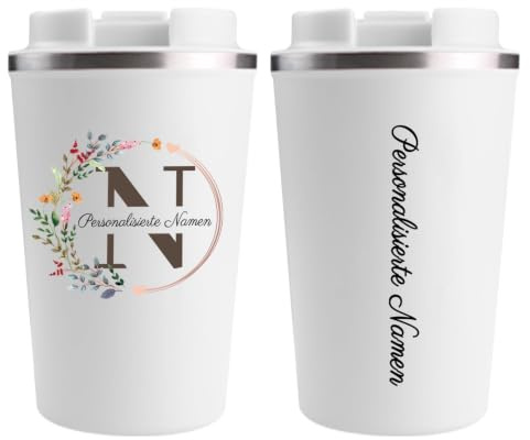 loongway Thermobecher Personalisiert mit Namen & Initiale Edelstahl 380ml | Eigene Initiale & Namensschrift | Für Büro, Pendeln und Alltag | Zwei Trinkoptionen | Persönliche Geschenkidee