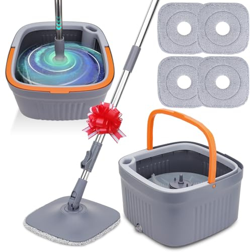 Sgizoku Balai serpillère avec seau, serpillère rotative à 360° avec essoreuse, fonction lavage et séchage, sépare l'eau propre et sale, manche télescopique avec 4 tampons réutilisables pour tous les