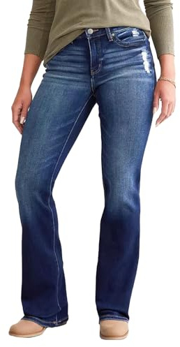 Generisch Damen Mid Waist Jeans Relaxed Fit Bootcut Lang Gerade Weites Bein Stretch Elastisch Knopf Hose mit Taschen