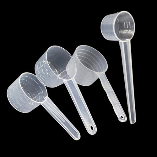 4 Stück Messlöffel, 4 Größen Dosierlöffel Transparent mit Skala ，5g, 10g, 20g, 25g Waagen, Messlöffel Gramm, Scoop 5g, Dosier-Löffel 5g für Backen Kochen Kaffee Waschpulver Proteinpulver Creatin
