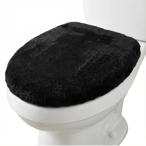 Toilet Seat Lid Cover Microfiber Soft Velvet Toilet Cover Durable Adjustable Stretch Fuzzy Seat Covers with Elastic Bottom Absorbent Machine Washable Comfortable for Most Toilets Lids (Black)