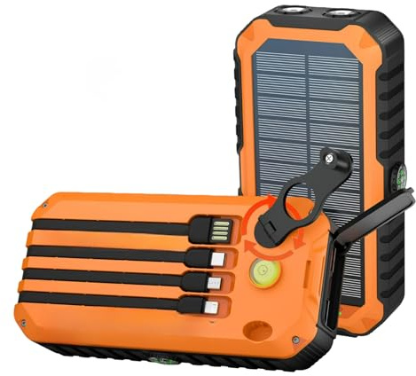 Power Bank a manovella solare, 20000 mAh, ricarica rapida ad alta capacità, con cavi integrati e torcia a LED, essenziale per emergenze esterne