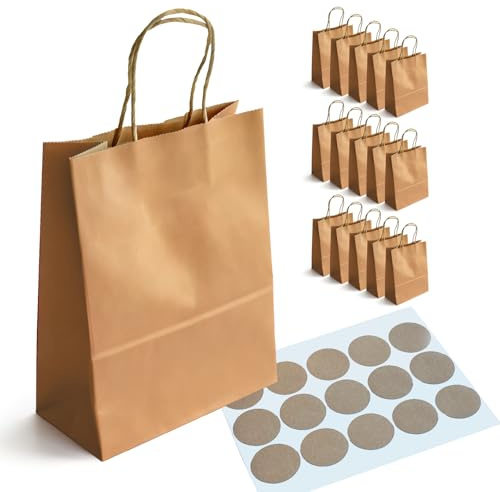 BaiMoure 15er Pack Kraftpapiertüten 15x8x21cm Kindergeburtstag Braun | Kleine Geschenktüten mit Henkel 150 GSM, für Mitgebsel Gastgeschenke Basteln Kindergarten, inkl. Aufkleber