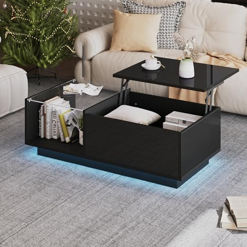 okwish Couchtisch Höhenverstellbar mit LED & Stauraum, Schwarz Hochglanz | Moderner Wohnzimmertisch 100x50x33 cm aus Spanplatte & Glas, Pflegeleicht, Stabil, geeignet als Stubentisch und Kaffeetisch