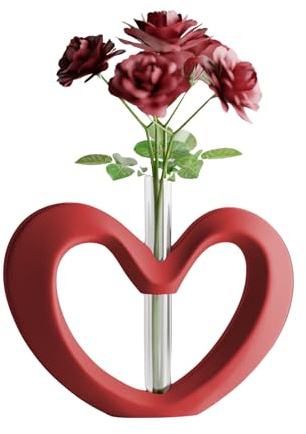 Shapes - Decorations Herz Vase Modern, Recycelter Kunststoff, Minimalistische Tischvase mit Glasröhrchen für Einzelblume, Matt Finish, 18 x 13 cm, Wasserdicht, Valentinstag (Rot)