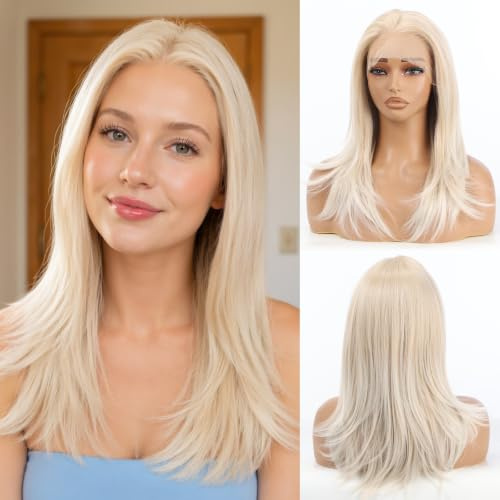 Allbell Platinblonde Synthetische Lace Front Perücke für Damen, 13×4 Gestuftes Langhaar mit natürlicher klebefreier Haarlinie, 20 Zoll Strahlende Blondperücke Party und Alltag