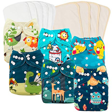 babygoal Reusable Cloth Diapers 6 Pack+6pcs Microfiber Inserts+4pcs Rayon from Bamboo Inserts, One Size Adjustable Washable Pocket Nappy Covers for Baby Boys,Rash-Free