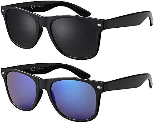 La Optica B.L.M. UV400 CAT 3 CE unisex solglasögon inkl. glasögonpåse, rengöringsduk – speglade, polariserade, gradient varianter, Uppsättning av 2 glänsande svarta (glas: 1 x grå, 1 x blå speglad),