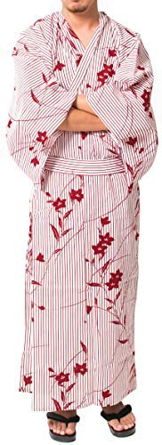 Dita Tokyoin Traditional Made In Japan Cotton Yukata Robe (Japanese Pajama Kimono) Easy Wearing set2, Red & Bellflower, Medium