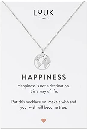 LUUK LIFESTYLE Collier avec différent pendentif en acier inoxydable et carte cadeau HAPPINESS 50 cm, porte bonheur, élégante bijoux résistant, femme, fille, maman, Argent, Or, Or rose