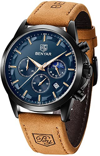 BY BENYAR Uhren Herren Armbanduhr Herren Chronograph Analog Quarz Wasserdicht Braunes Lederarmband Herrenuhr Leuchtende Datum Mode Lässig Business-Kleid Uhren Elegantes Geschenk fur Männer
