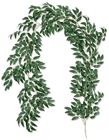 Famibay 2 Pack Artificial Willow Garland 11.4 Ft Silk Green Leaves Vine Faux Greenery Foliage Hanging Plants Fake Willow Leaves Twigs for Wall Wedding Arch Party Garden Table(Willow Garland-01, 2PC)
