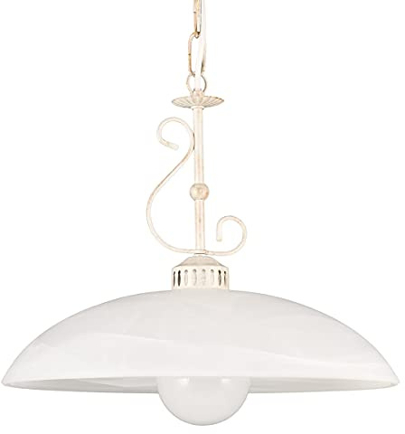LED Pendellampe shabby weiß Wohnzimmer Esstisch Küchenlampe Landhausstil | Helios Leuchten 203362 Deckenlampe, Landhaus Küchentisch, antik-weiß lackiert, großes Alabasterglas, LED wechselbar, 1 x E27