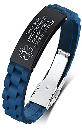 PJ JEWELLERY Edelstahl und Silikon Komfort im Freien medizinische Alarm ID Armbänder anpassen für Herren Teenager