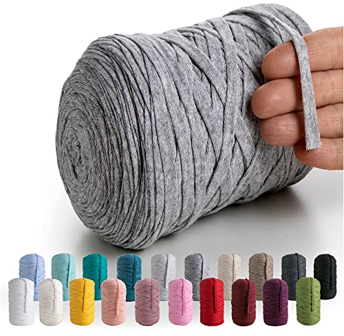 MeriWoolArt® Baumwollgarn Band Grau - 10mm T-Shirt Band Garn für Stricken, Makramee, Häkeln, Weben, Geschenkband - 150 m Baumwollband (Hellgrau)
