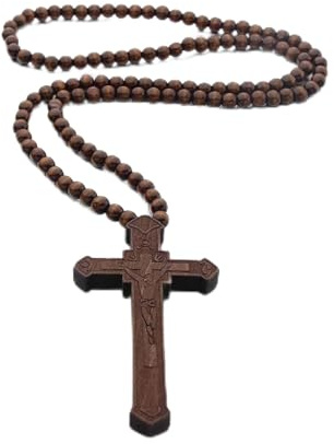 Trä kors hänge halsband – träpärlor kors religion halsband för kvinnor män troende bön dop smycken, Trä, metall