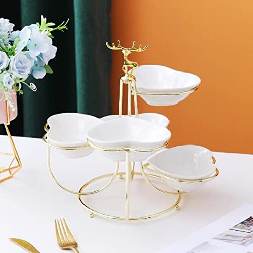 JUNYFFF 5 Etagen Obstkorb Etagere, 5 Stöckig Keramik Obstteller Obst Etagere, Dekorativer Obstschalen, Mit Metall Ständer, Obstschale Für Obst, Kuchen, Süßigkeiten,Weiß
