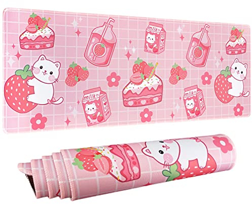 Logieut Kawaii Gaming Mouse Pad, Extended Large Cat Strawberry Milk, Pink, 31.5 X 11.8 Inch