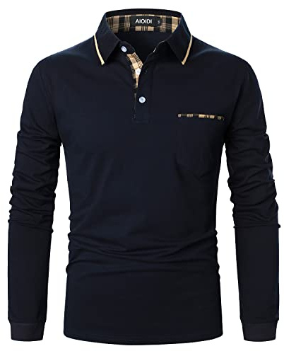 AIOIDI Baumwolle Herren Plaid Poloshirt Langarm Basic Tennis Polohemd Polo