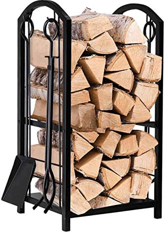 DOZRAN Kaminholzregal Holzwiegen Kaminholz-Regal 2-Lagen, Kaminbesteck mit Schürhaken Harke Bürste und Schaufel, Schmiedeeisen Kaminholzhalter für Outdoor-Ofen