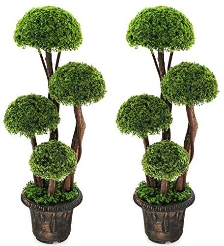 COSTWAY 1/2 Set Artificial Cypress Topiary Ball Tree, 3FT/90CM Artificial Cedar Plants with Cement Pot & Rattan Trunk, Indoor Outdoor Decorative Fake Greenery Potted Bonsai for Home Office (2)