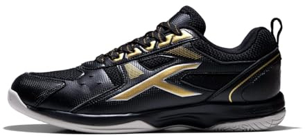 HUNDRED Scarpe da badminton professionali antitraccia Raze per uomo | Materiale: ecopelle | Adatto per tennis indoor, squash, ping pong, basket e padel (nero/oro, taglia: EU 43, UK 9, US 10)