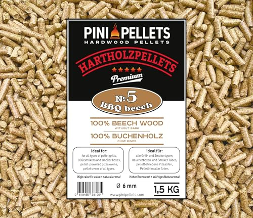 PINI Pellets de madera dura 100% haya № 5 BBQ Beech, 1,5 kg, para asar, ahumar y para horno de pizza