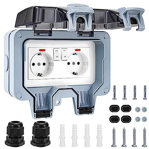 Außensteckdose Wasserdicht Outdoor Steckdose mit Schalter Kontrollleuchte IP66 Wandsteckdose Aufputz für Feuchtraum Garten den Aussenbereich
