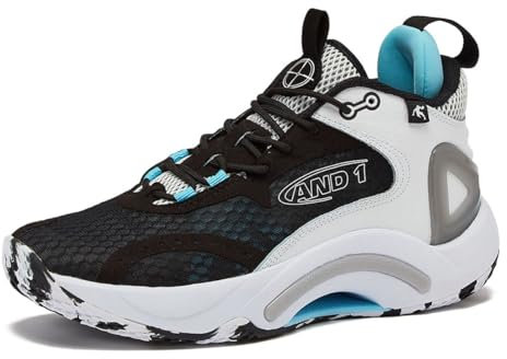 AND1 Basketball Shoes for Women and Men, High Top Men’s Basketball Shoes - Womens Basketball Sneakers Size 6 to 16, Black/White/Light Blue, 6 Women/4.5 Men