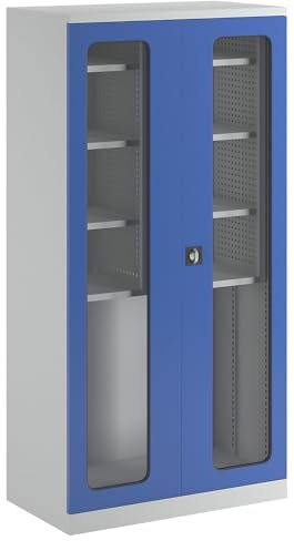 kaiserkraft | Geräte- und Putzmittelschrank | Breite 1000 mm | Sichtfenstertüren / 2 Regalboxen | lichtgrau/enzianblau